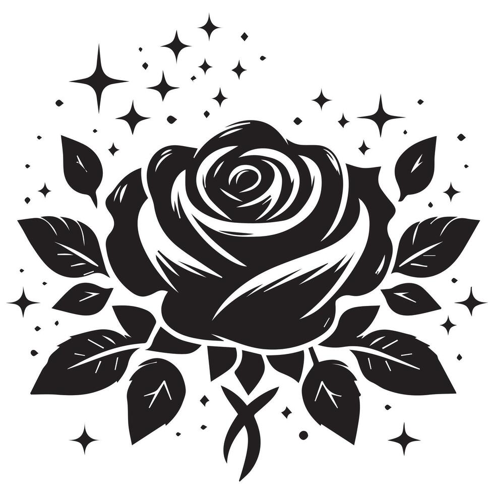 A black and white rose with stars and leaves vector