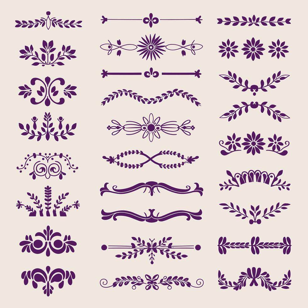 Beautiful Purple color ornate design elements, decorative borders, dividers, floral, geometric motif vector
