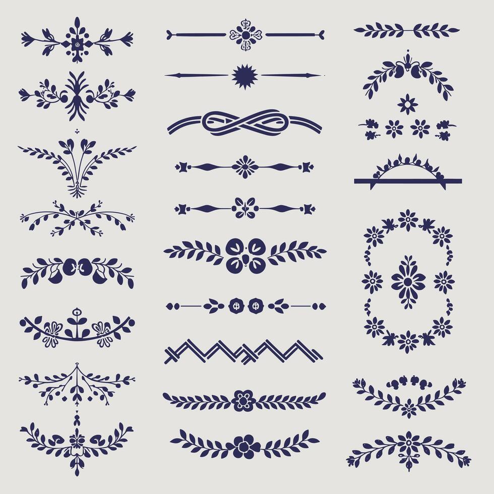 Beautiful Navy color ornate design elements, decorative borders, dividers, floral, geometric motif vector
