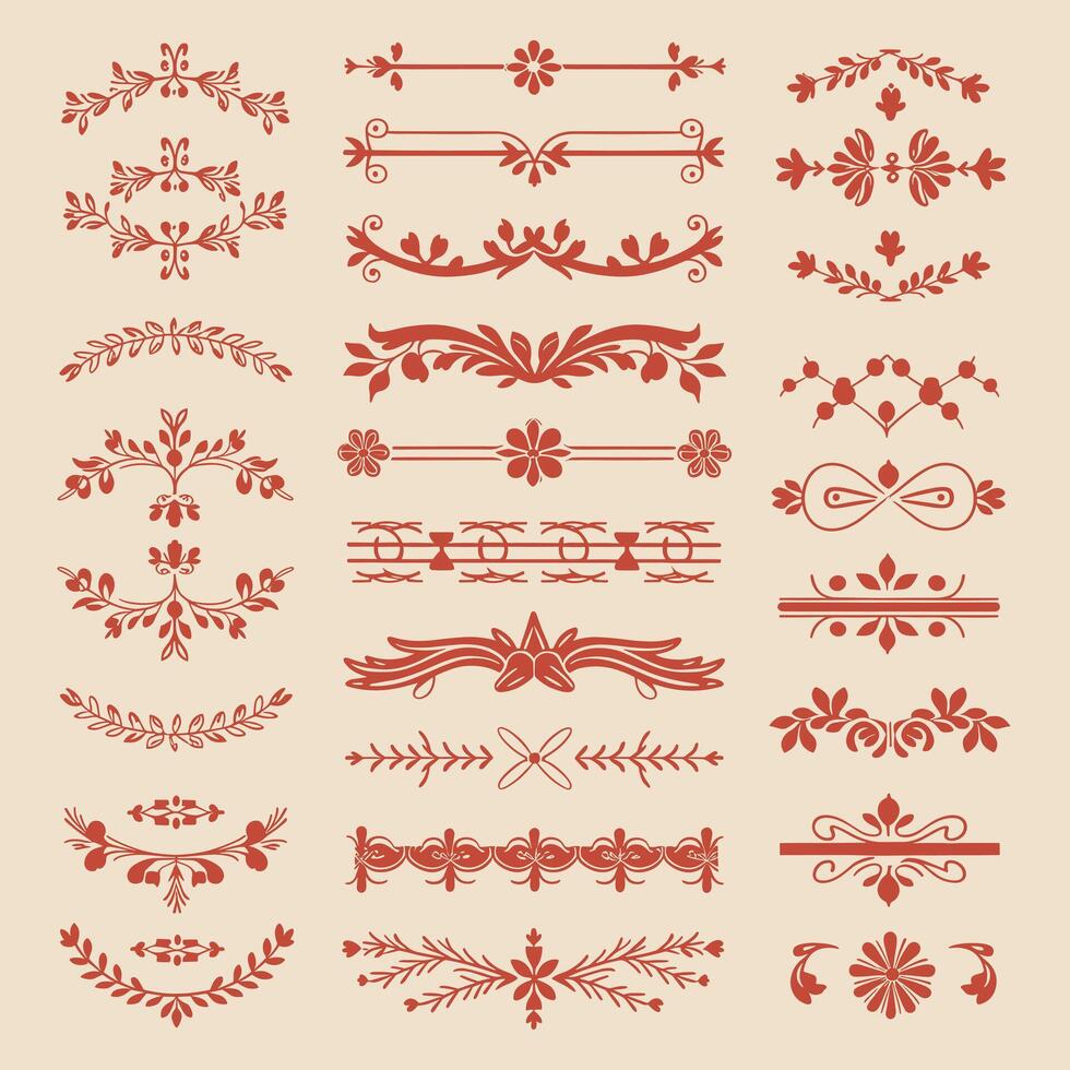 Classic Apricot color ornate design elements, decorative borders, dividers, floral, geometric motif vector