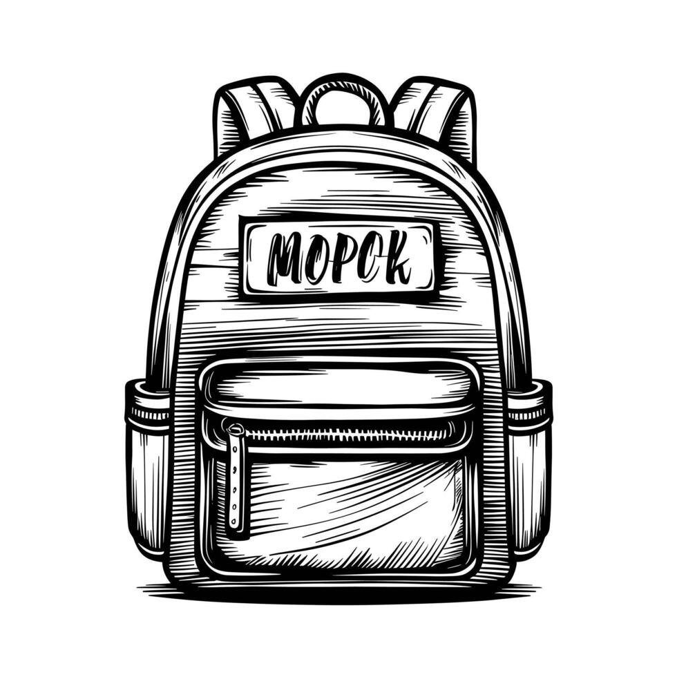 backpack monochrome ink sketch drawing engraving style illustration vector