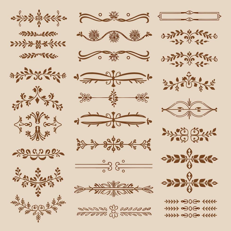 Beautiful Tan color ornate design elements, decorative borders, dividers, floral, geometric motif vector