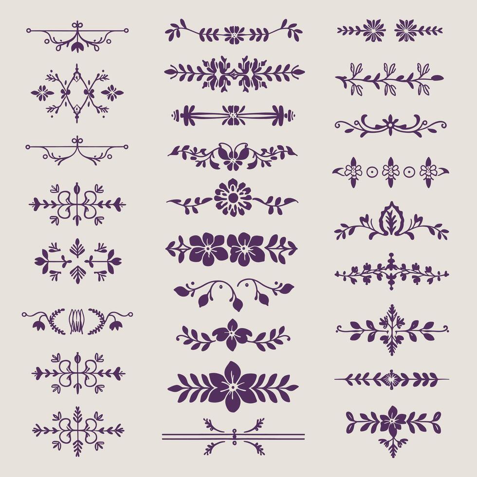 Beautiful Periwinkle color ornate design elements, decorative borders, dividers, geometric motif vector