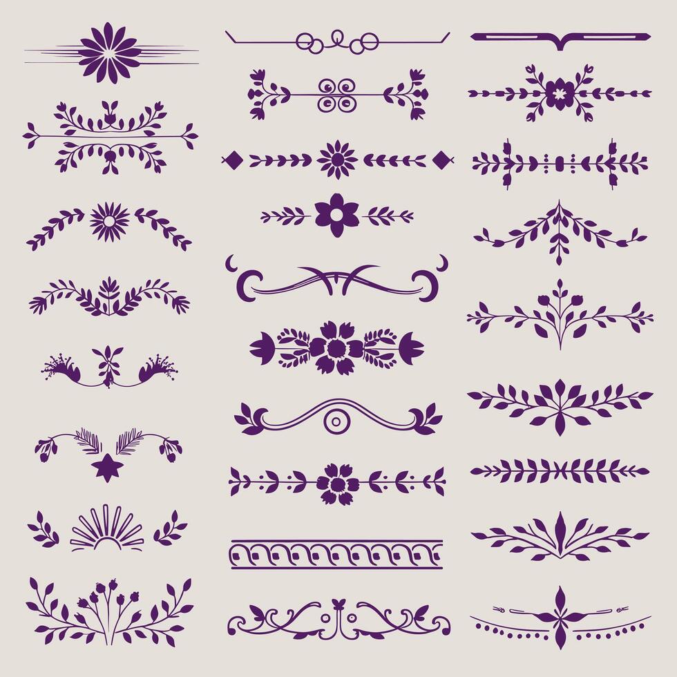 Beautiful Violet color ornate design elements, decorative borders, dividers, floral, geometric motif vector