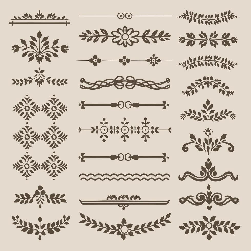 Beautiful Khaki color ornate design elements, decorative borders, dividers, floral, geometric motif vector