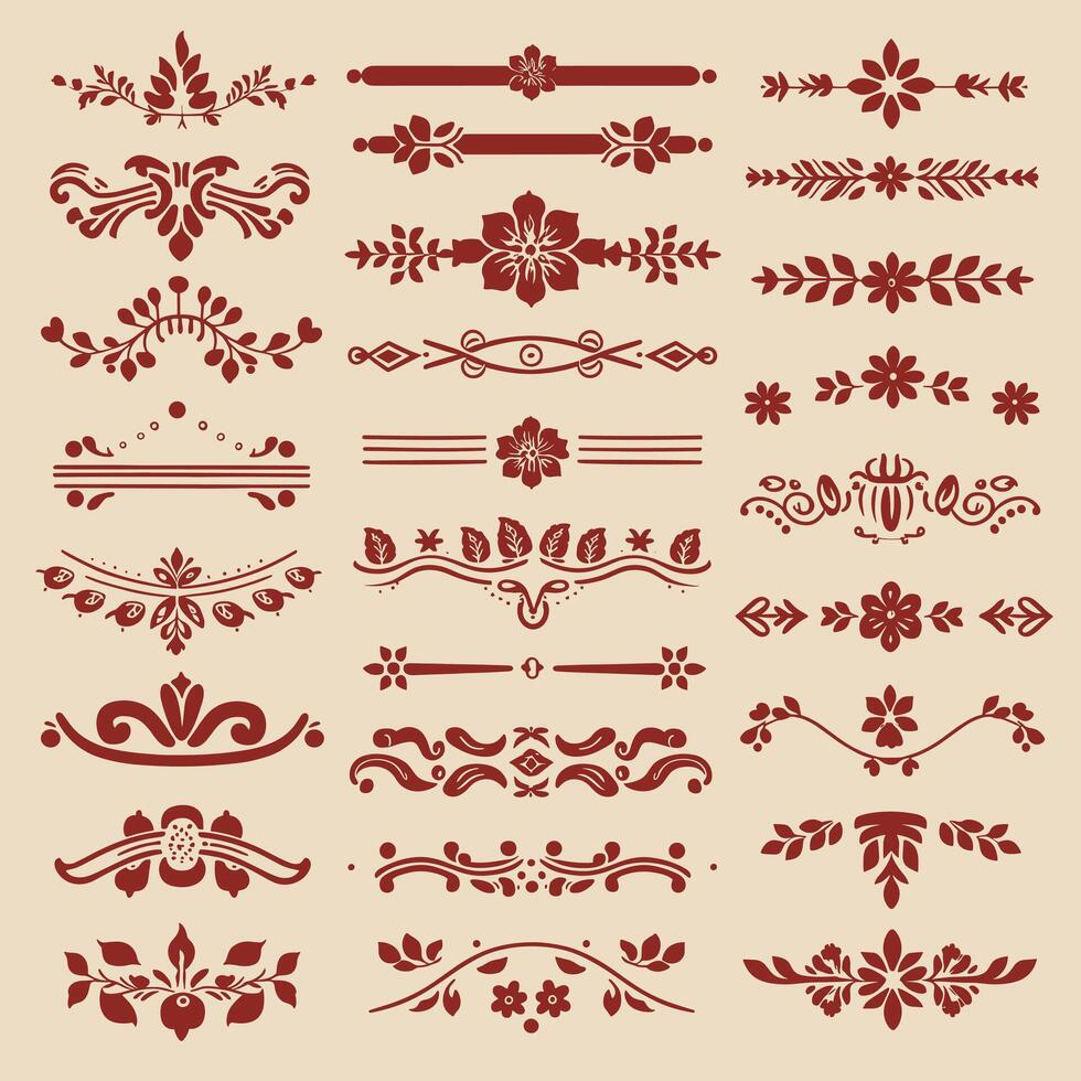 Beautiful Sienna color ornate design elements, decorative borders, dividers, floral, geometric motif vector