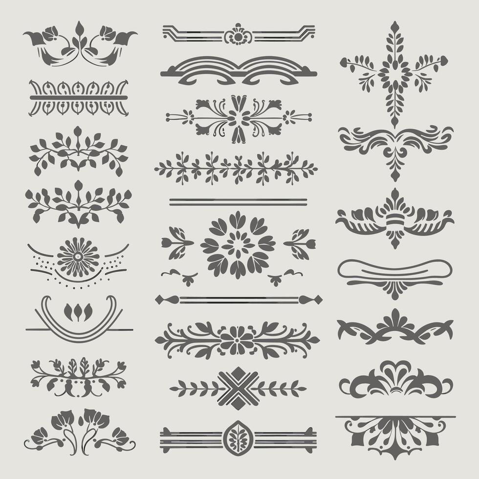 Beautiful Gray color ornate design elements, decorative borders, dividers, floral, geometric motif vector