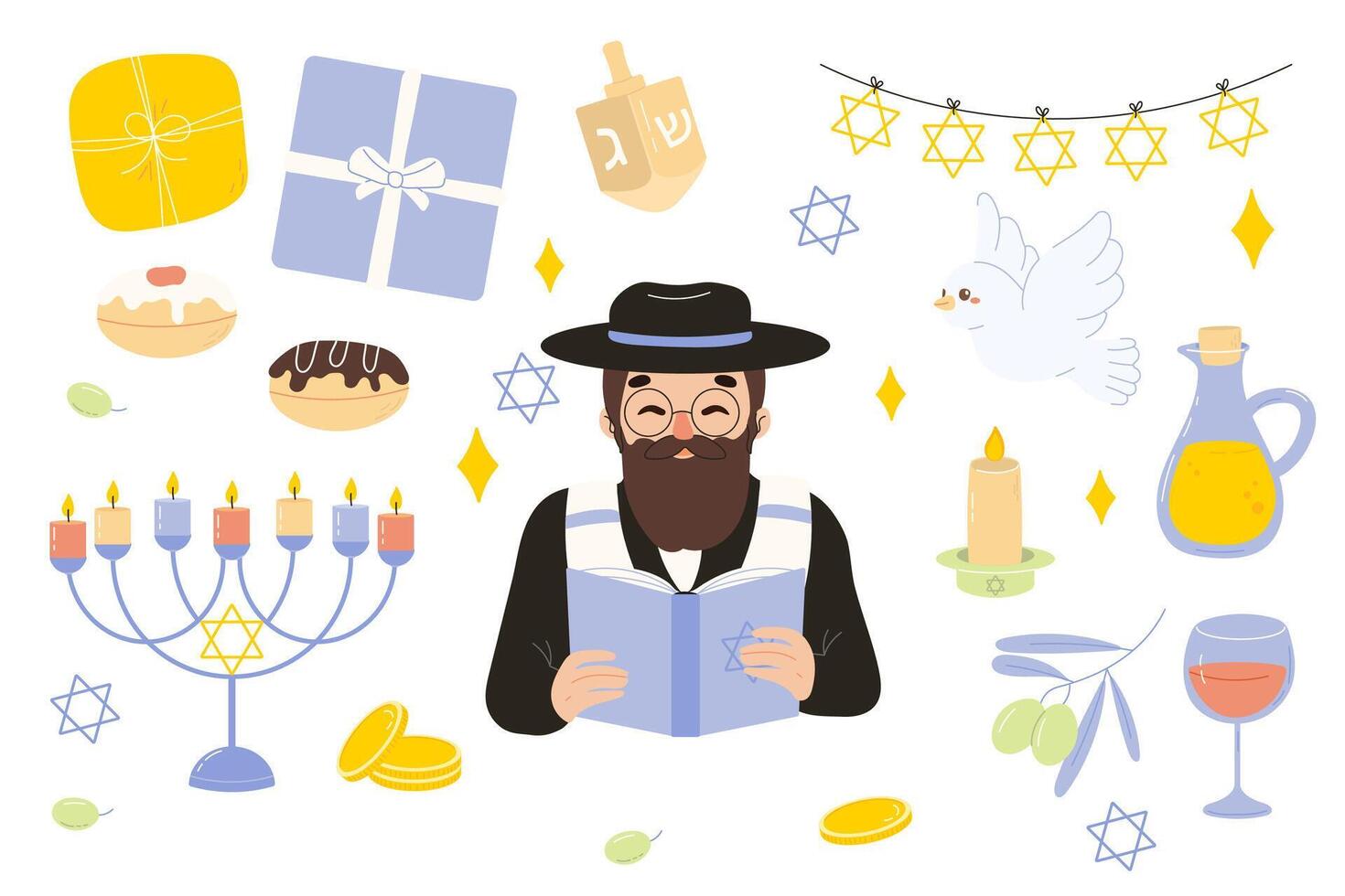 Happy Hanukkah, a set of cute illustrations. illustration for stickers, card design, greetings and clothing. vector