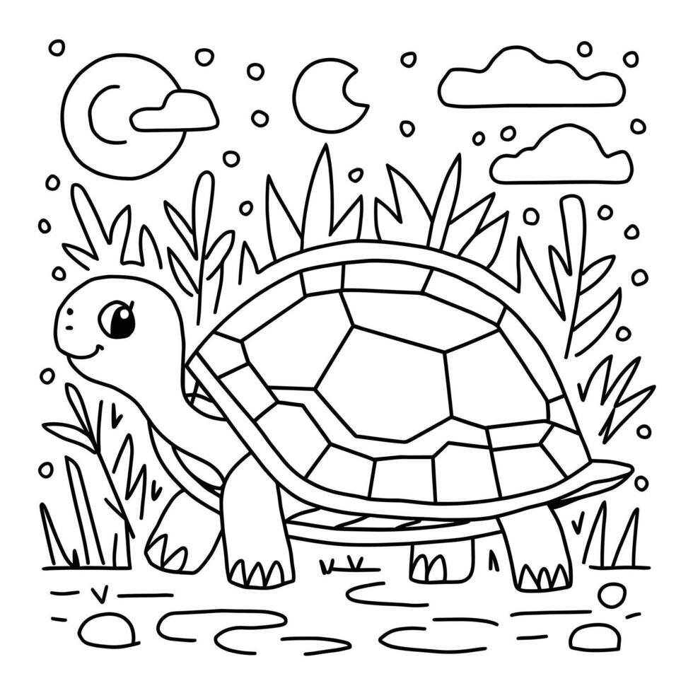 A turtle coloring page with the night sky and trees vector