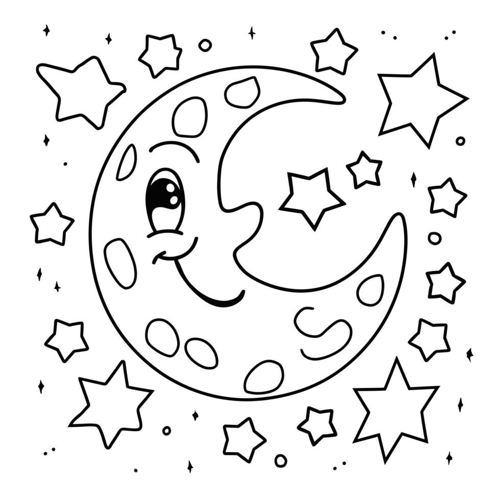 A coloring page with a smiling moon and stars vector