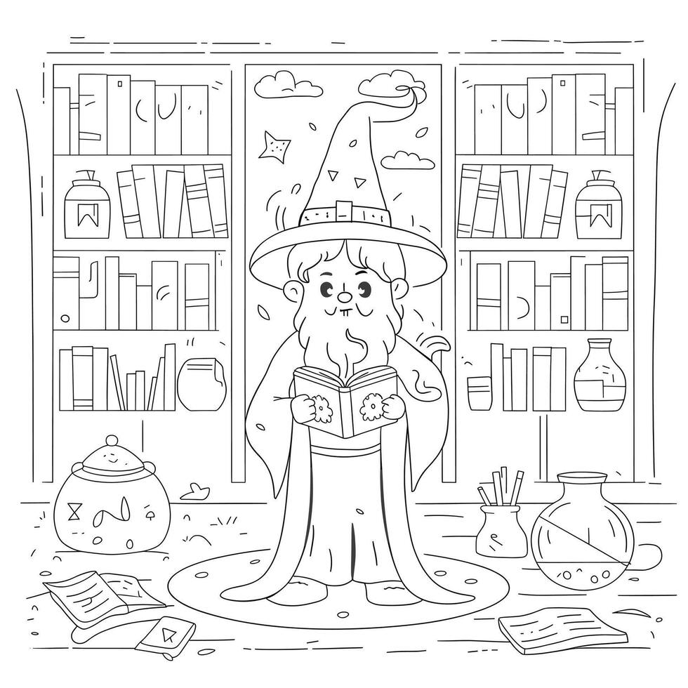 A wizard is standing in front of a book shelf with books and potions vector