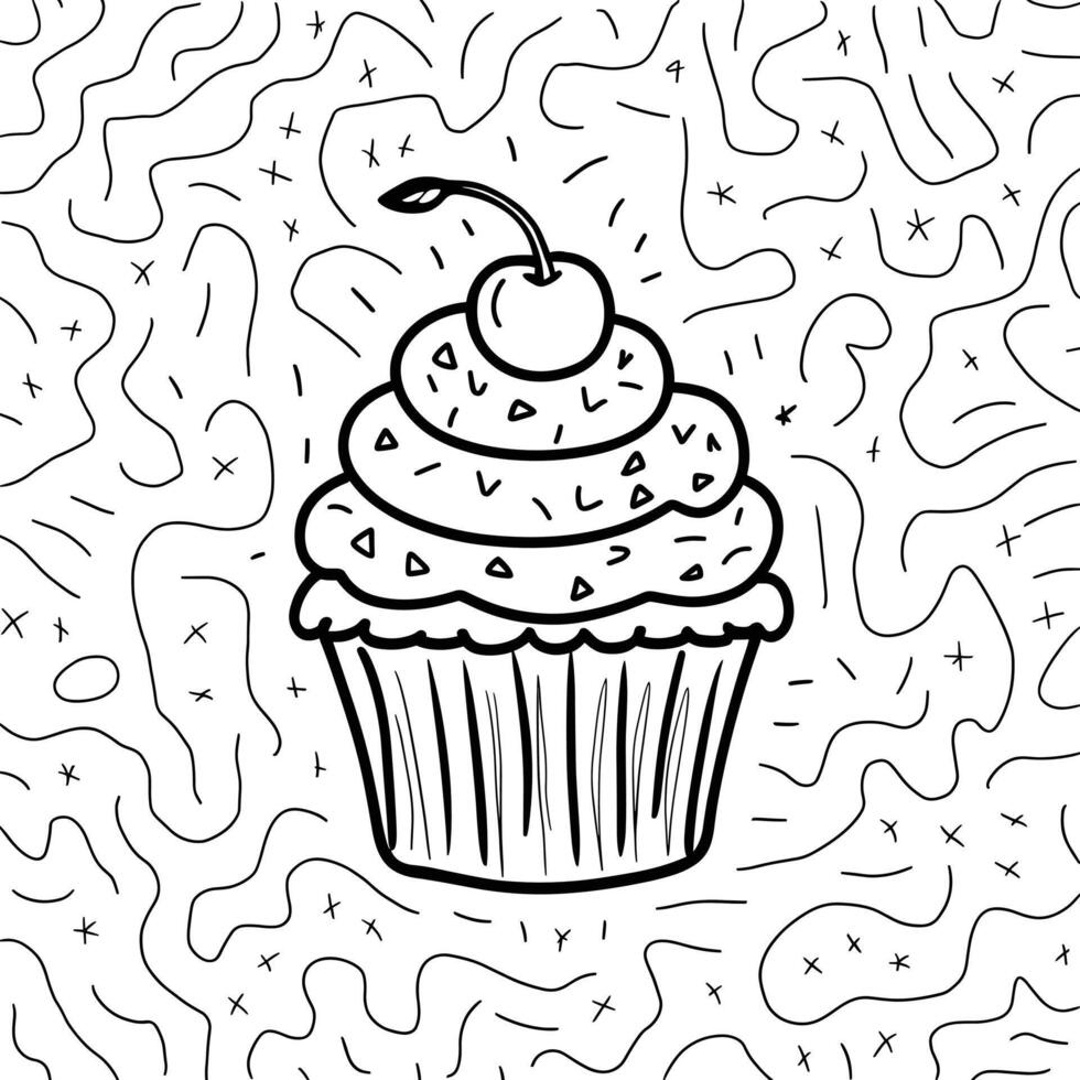 A cupcake with a cherry on top is shown in a doodle style vector