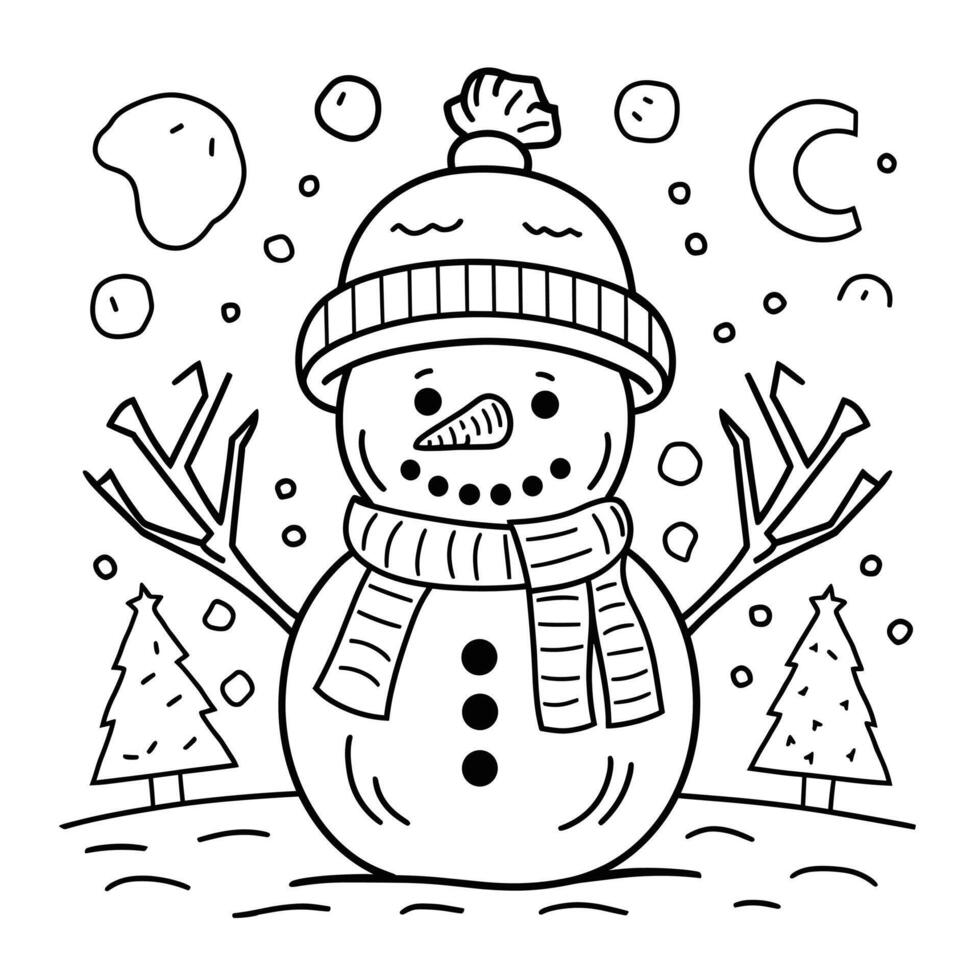 A coloring page with a snowman in a hat and scarf vector