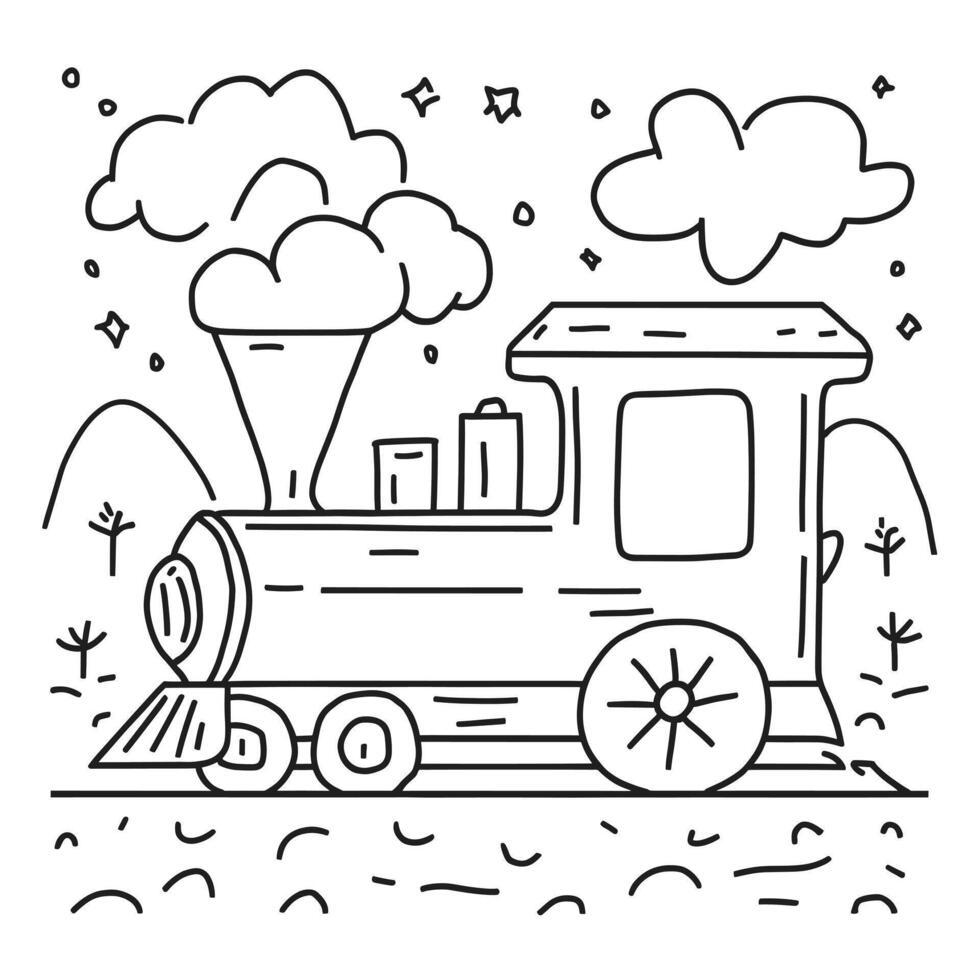 A train is traveling through the countryside in a line drawing vector