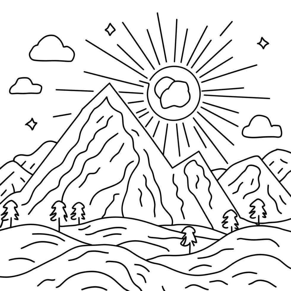 A coloring page with mountains and trees vector