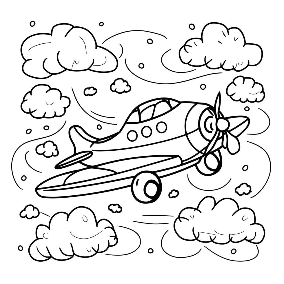 A cartoon airplane flying in the sky coloring page vector