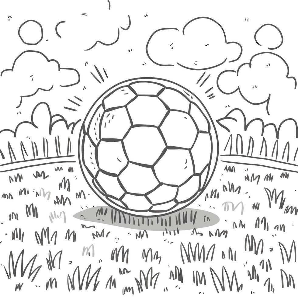 A coloring page with a soccer ball in the grass vector