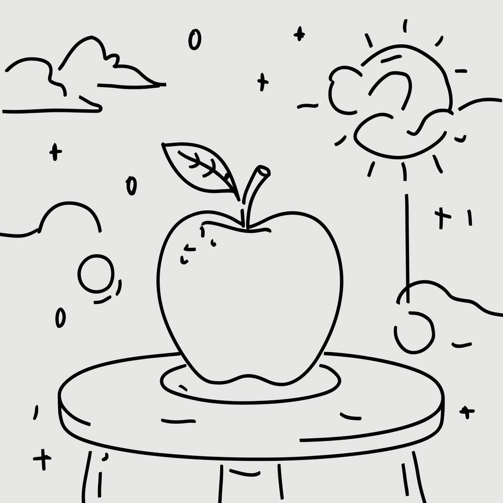 An apple on a table with clouds and sun vector