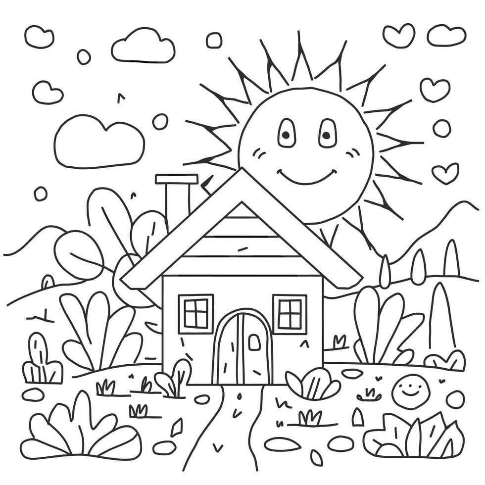A coloring page with a house and sun vector