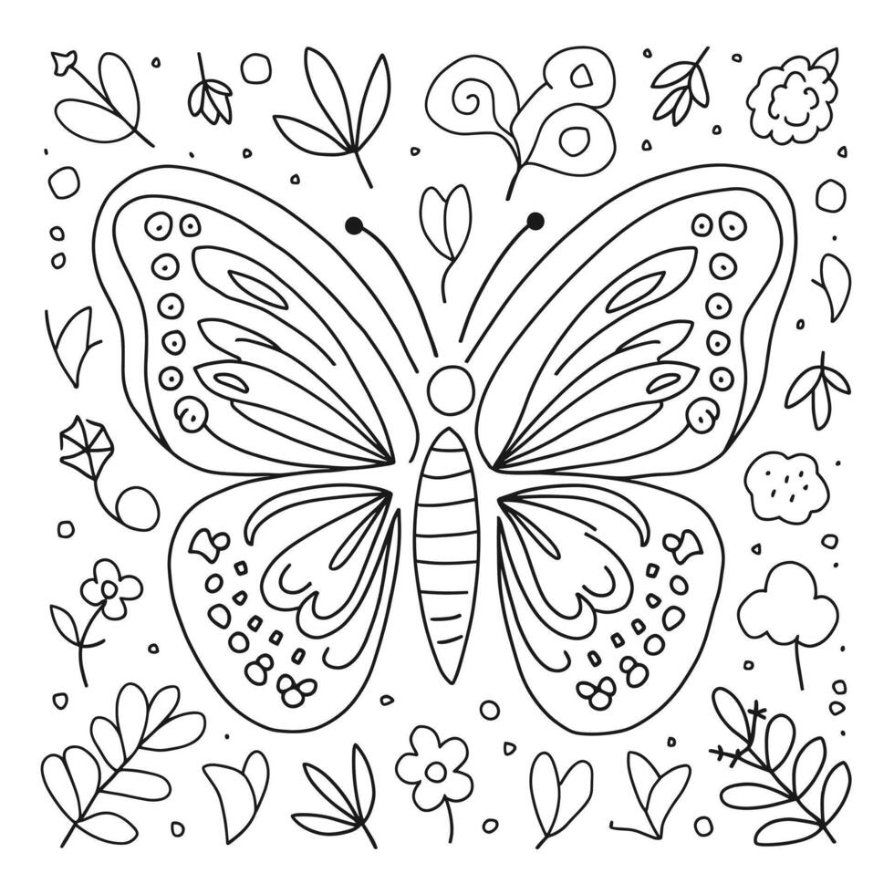 A coloring page with a butterfly and flowers vector
