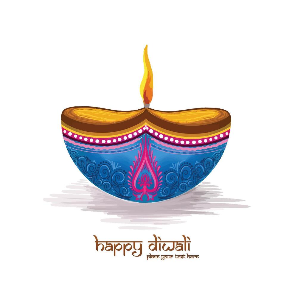 Beautiful diwali greeting card with shiny diya oil lamp background vector