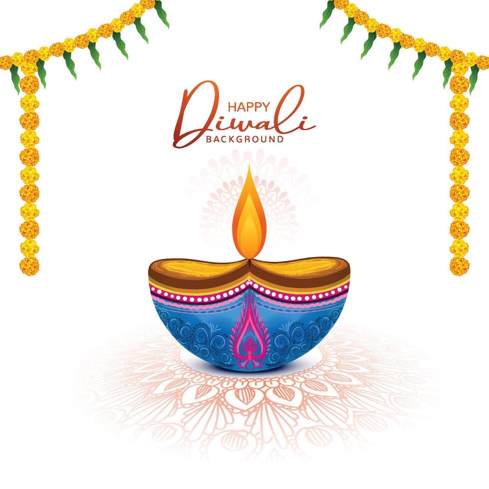 Beautiful diwali greeting card with shiny diya oil lamp background vector