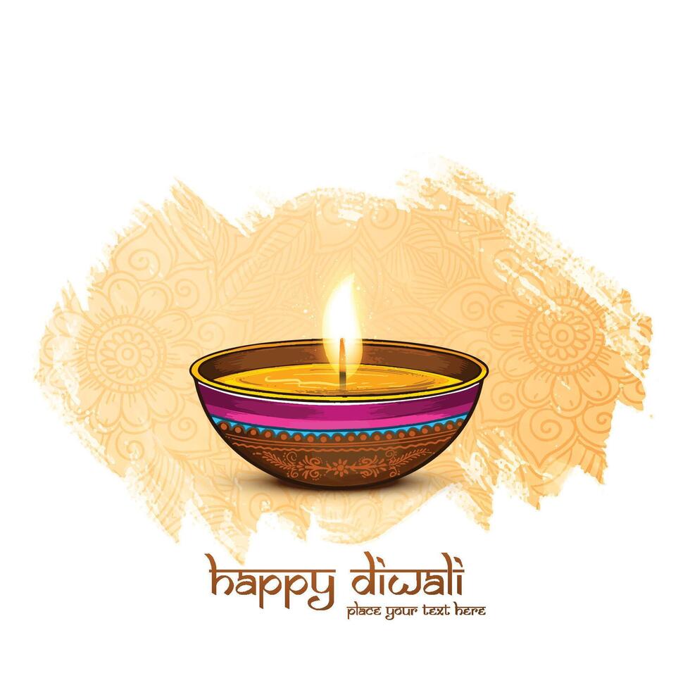 Beautiful diwali greeting card with shiny diya oil lamp background vector