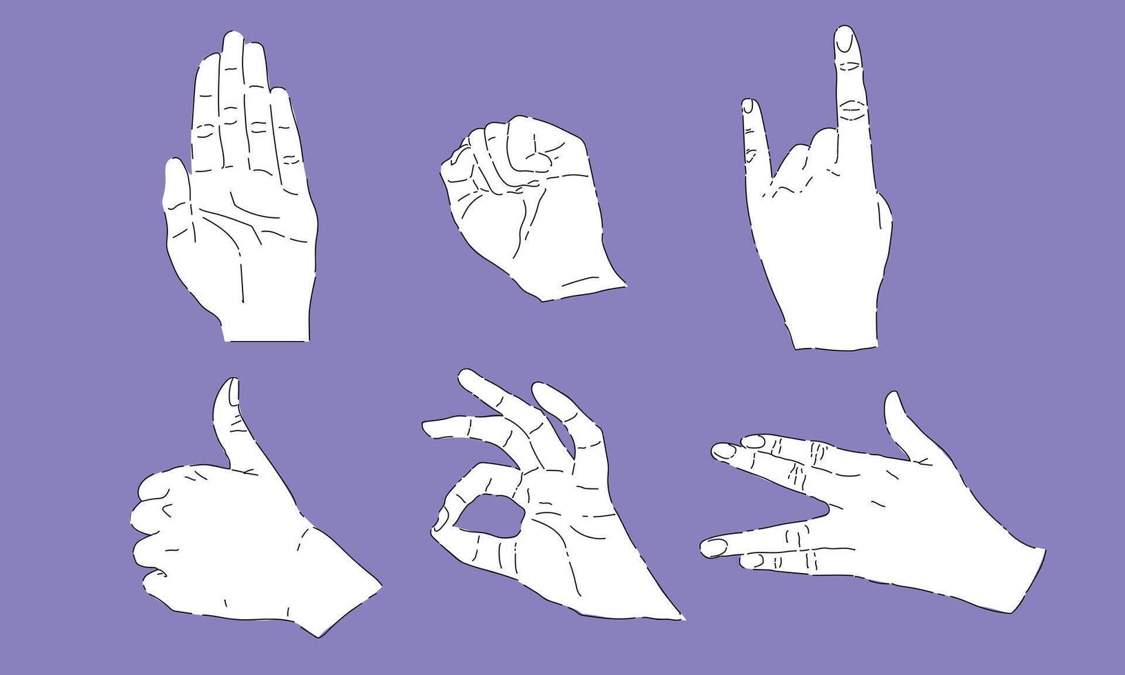 Various hand poses design bundle. Ok, thumbs up, metal, hand palm, and stop signs. vector