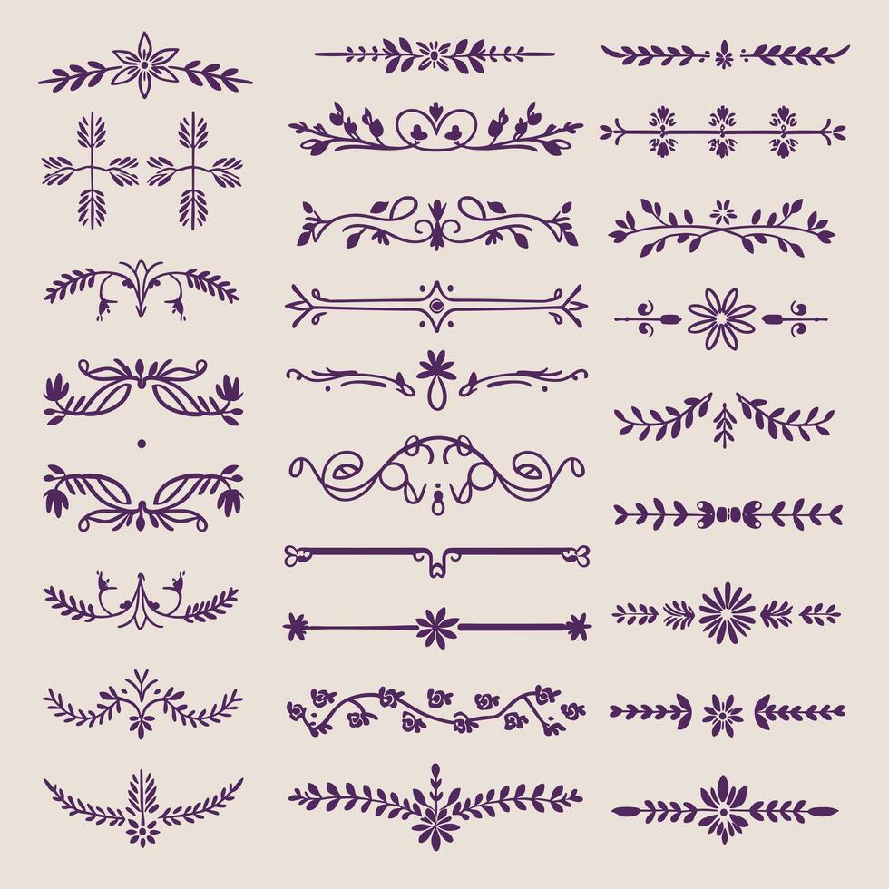 Classic Lavender color ornate design elements, decorative borders, dividers, floral, geometric motif vector