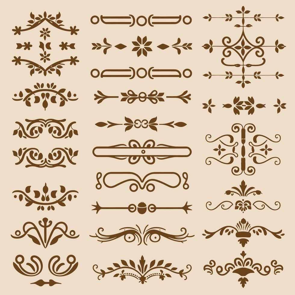 Classic Brown color ornate design elements, decorative borders, dividers, floral, geometric motif vector