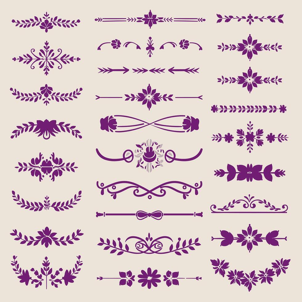 Classic Lilac color ornate design elements, decorative borders, dividers, floral, geometric motif vector