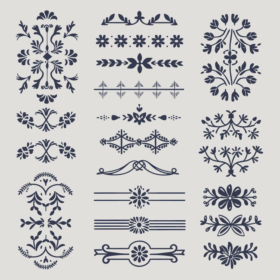 Classic Navy color ornate design elements, decorative borders, dividers, floral, geometric motif vector