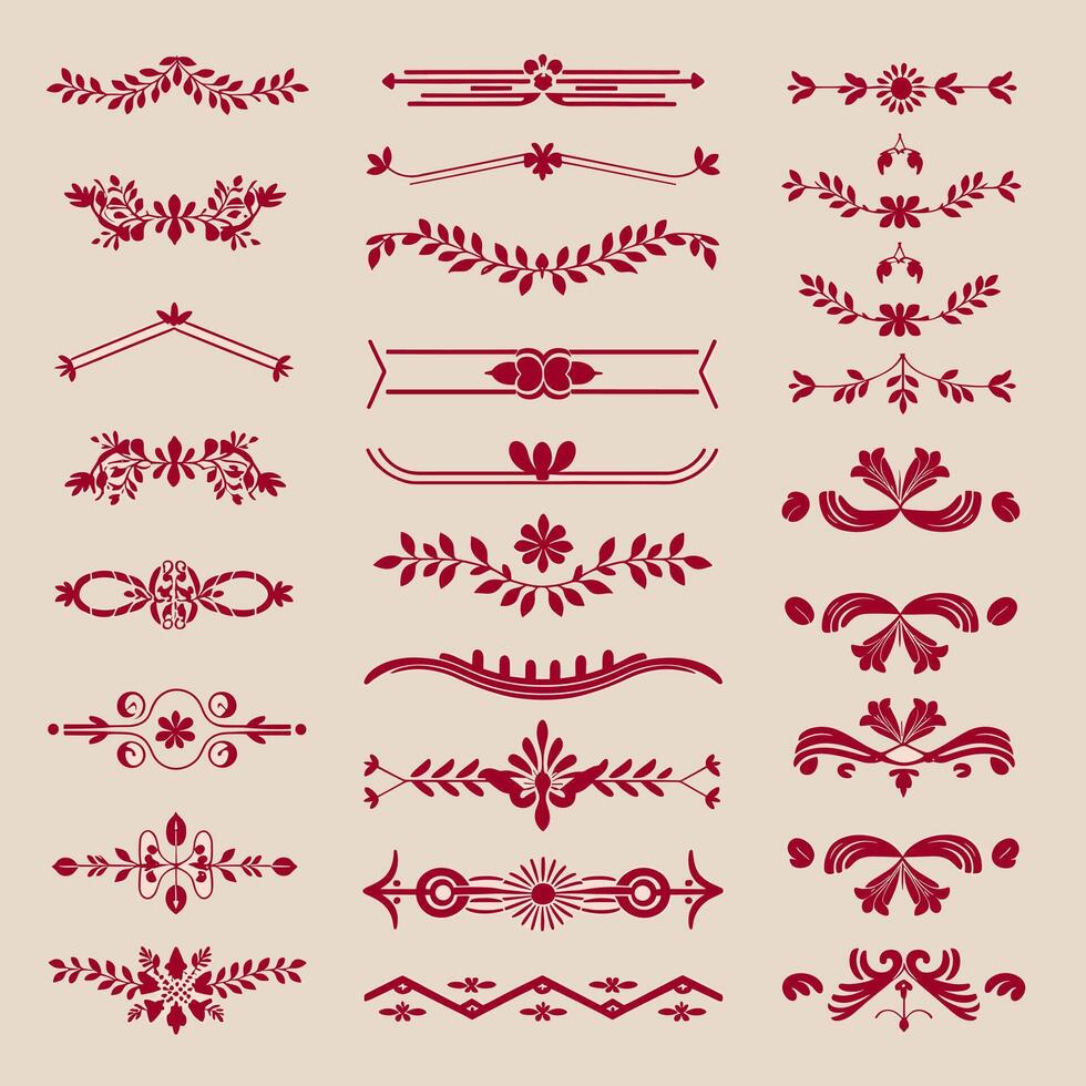 Classic Crimson color ornate design elements, decorative borders, dividers, floral, geometric motif vector