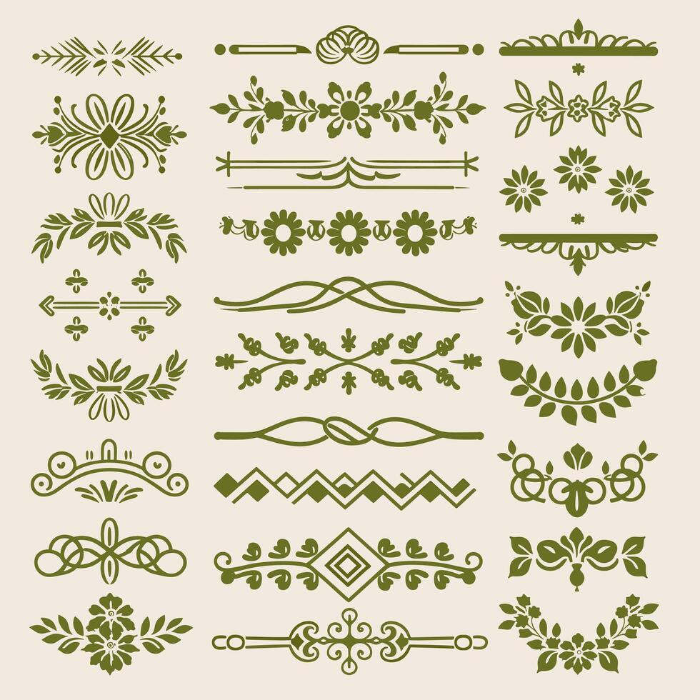 Classic Lime color ornate design elements, decorative borders, dividers, floral, geometric motif vector