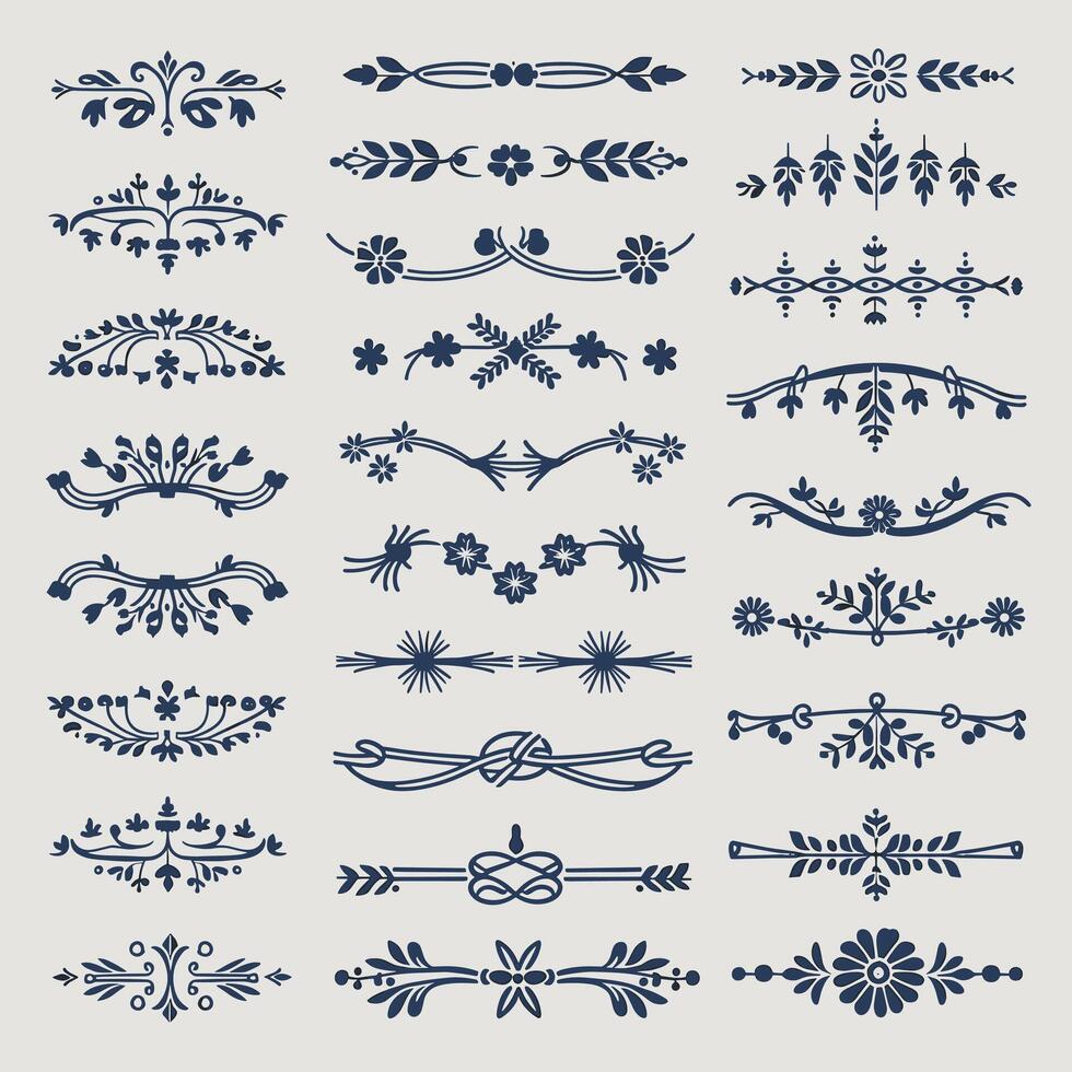 Classic Azure color ornate design elements, decorative borders, dividers, floral, geometric motif vector