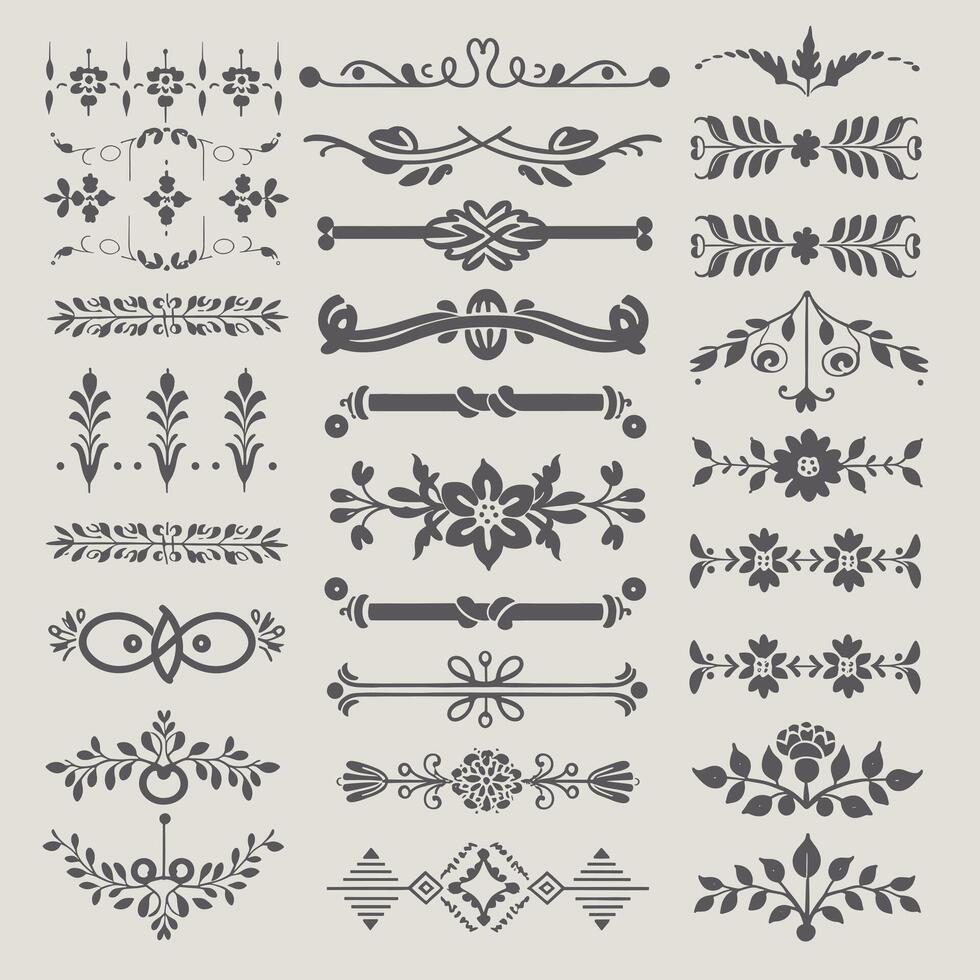 Classic Gray color ornate design elements, decorative borders, dividers, floral, geometric motif vector