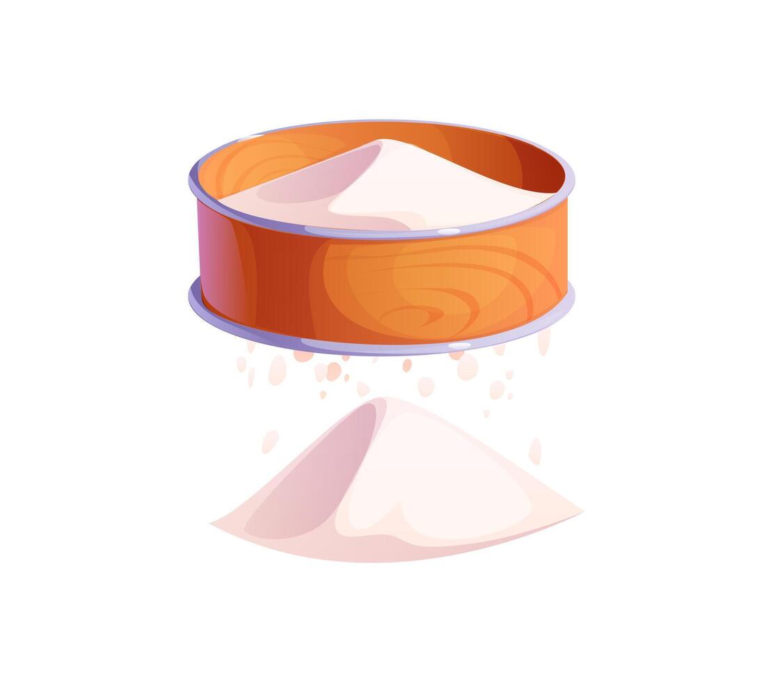 Flour being sifted through a wooden sieve process vector