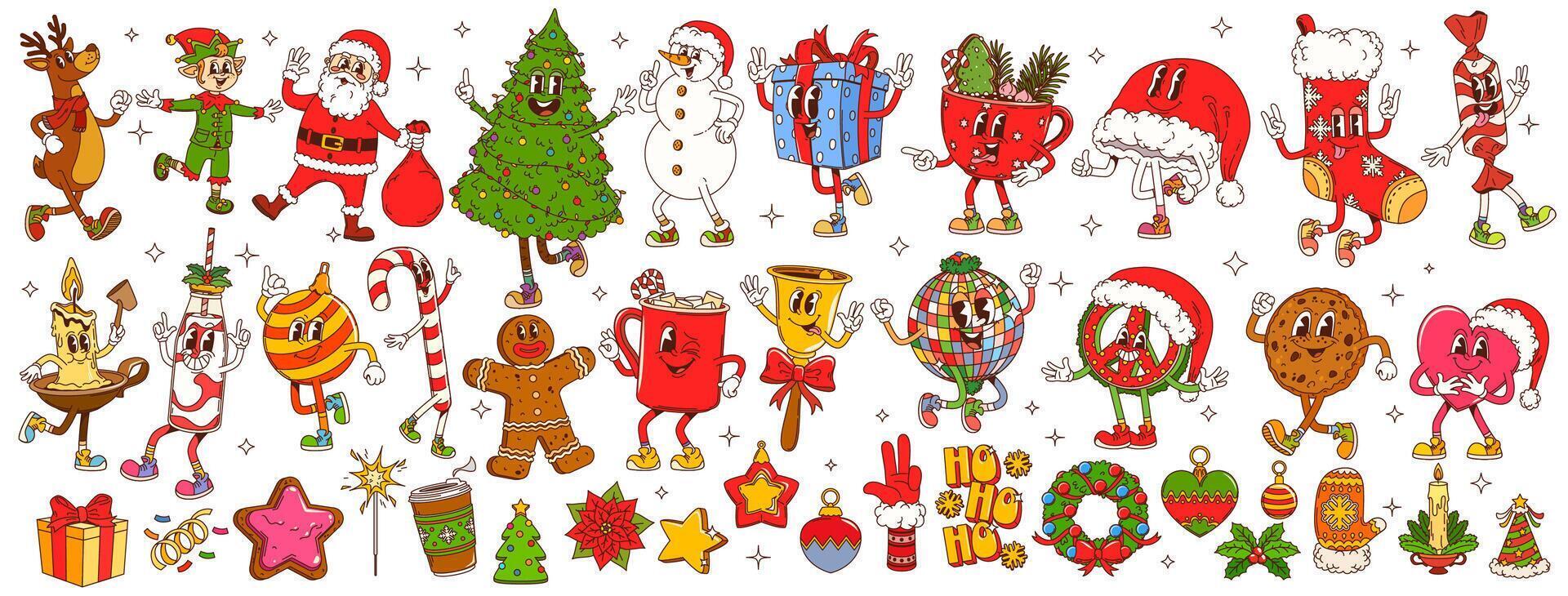 Cartoon groovy funny Christmas characters, holiday vector