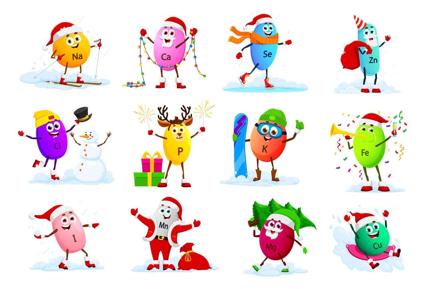 Cartoon mineral characters on Christmas holiday vector