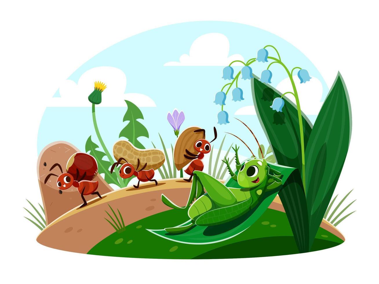 Cartoon ant characters with nuts and grasshopper vector