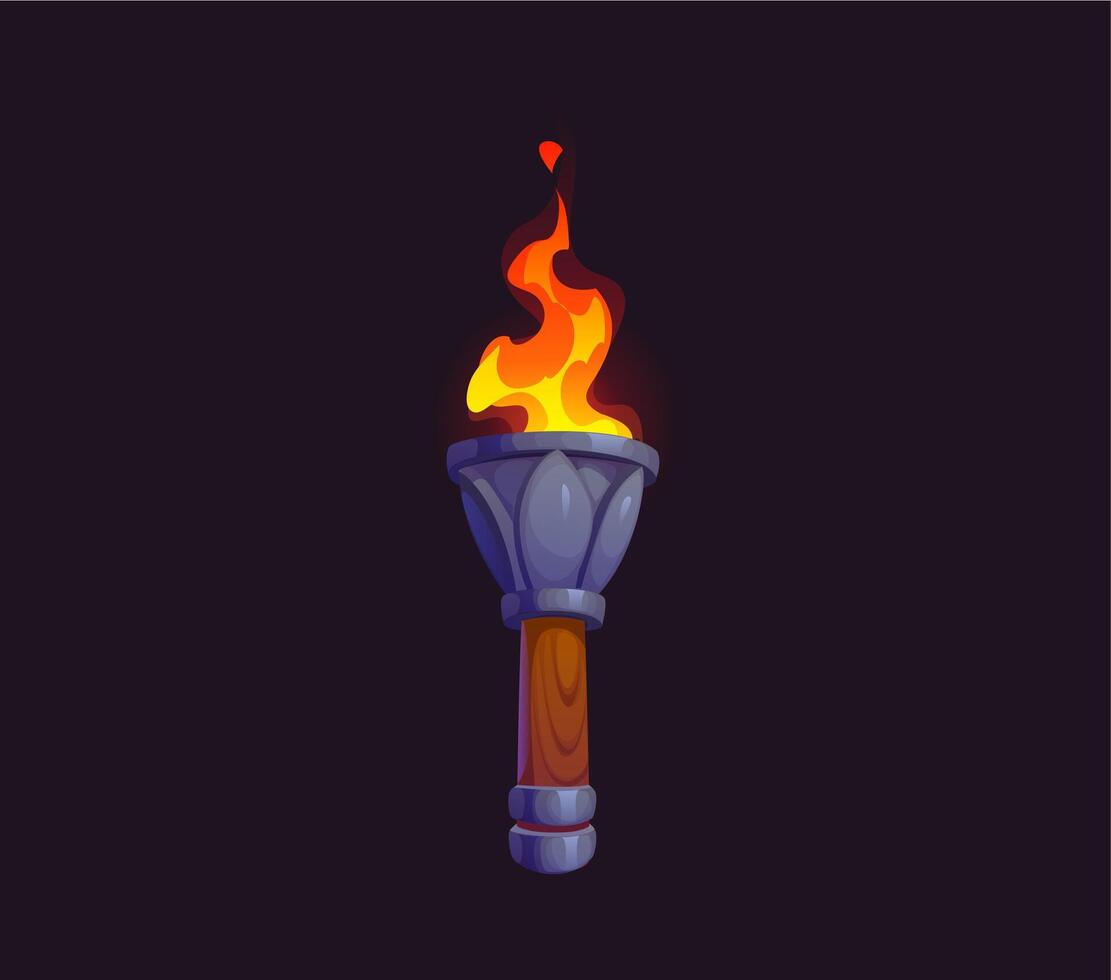 Game medieval fire torch with burning fire flame vector