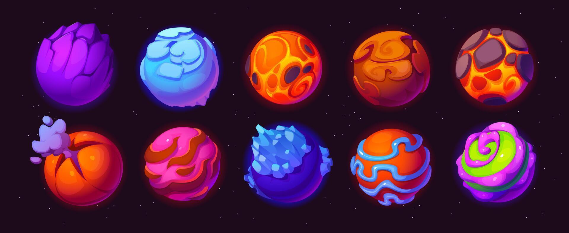 Game asset of cartoon fantasy alien space planets vector