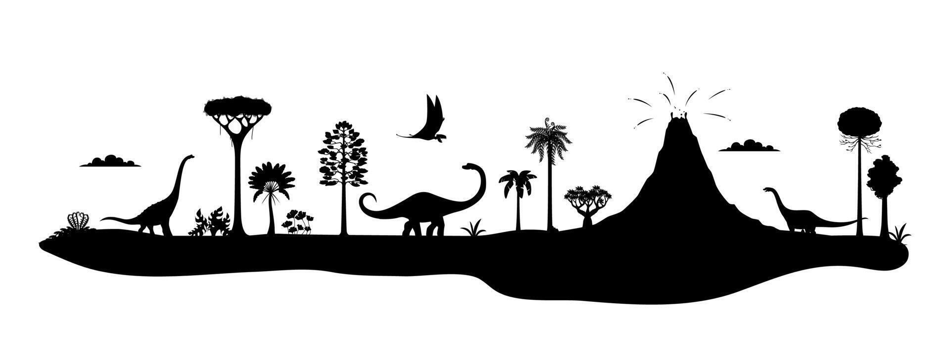 Prehistoric dinosaur silhouettes, Jurassic forest vector