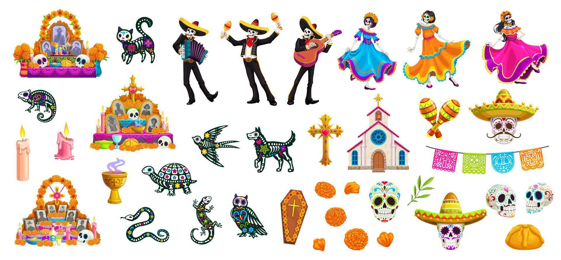 Cartoon day of the dead dia de los muertos set vector