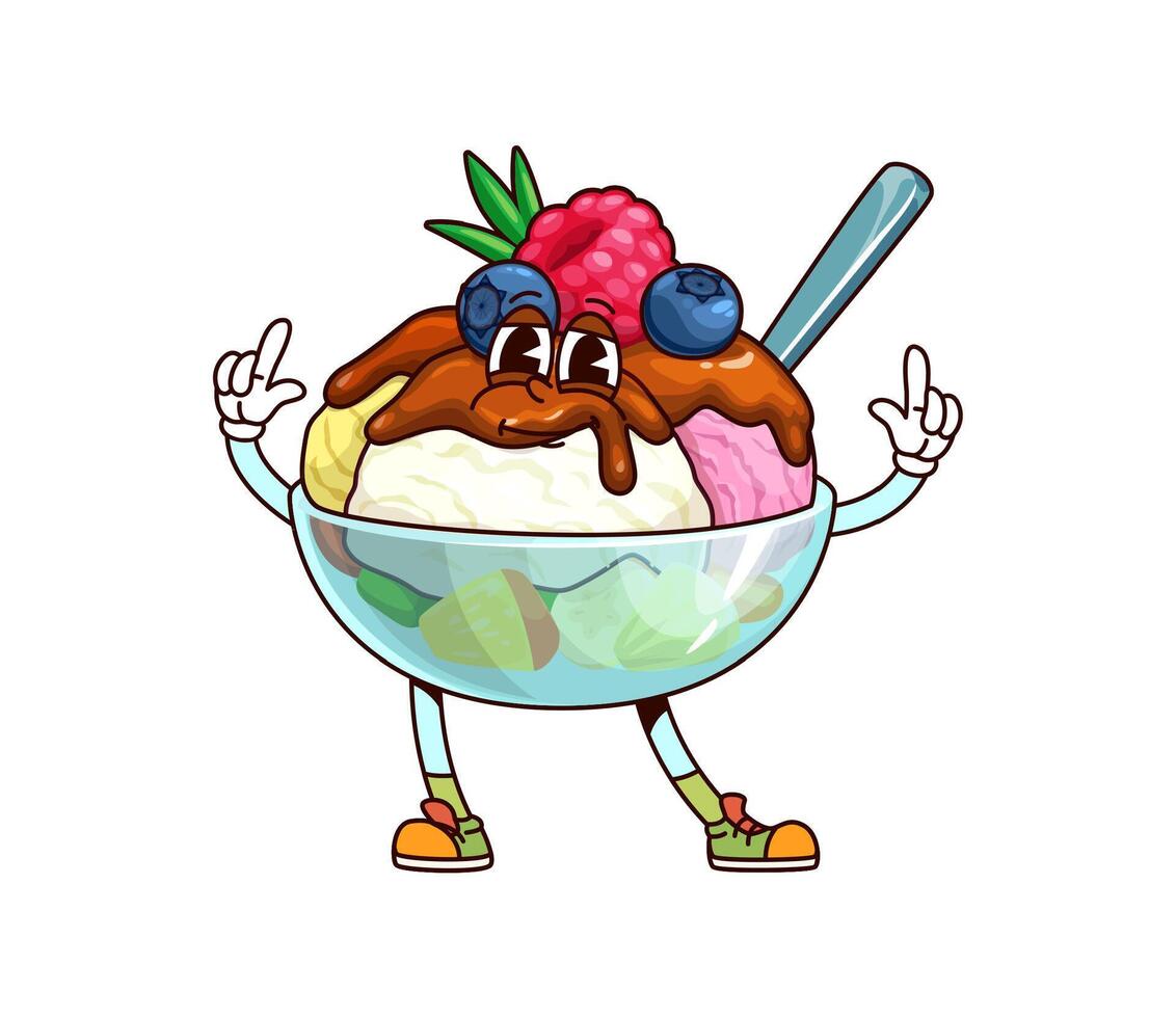 Ice cream sundae groovy dessert bowl character vector