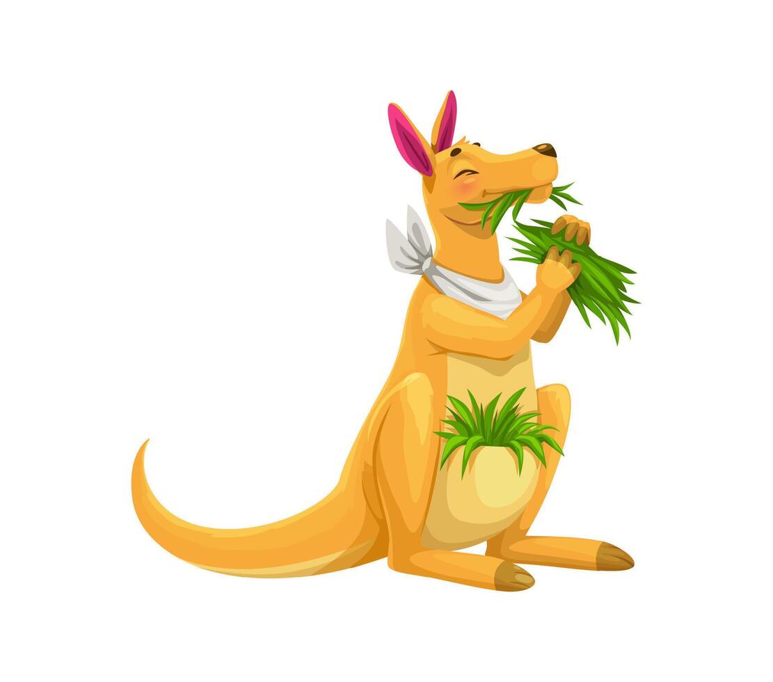 Cartoon funny kangaroo animal munching on grass vector
