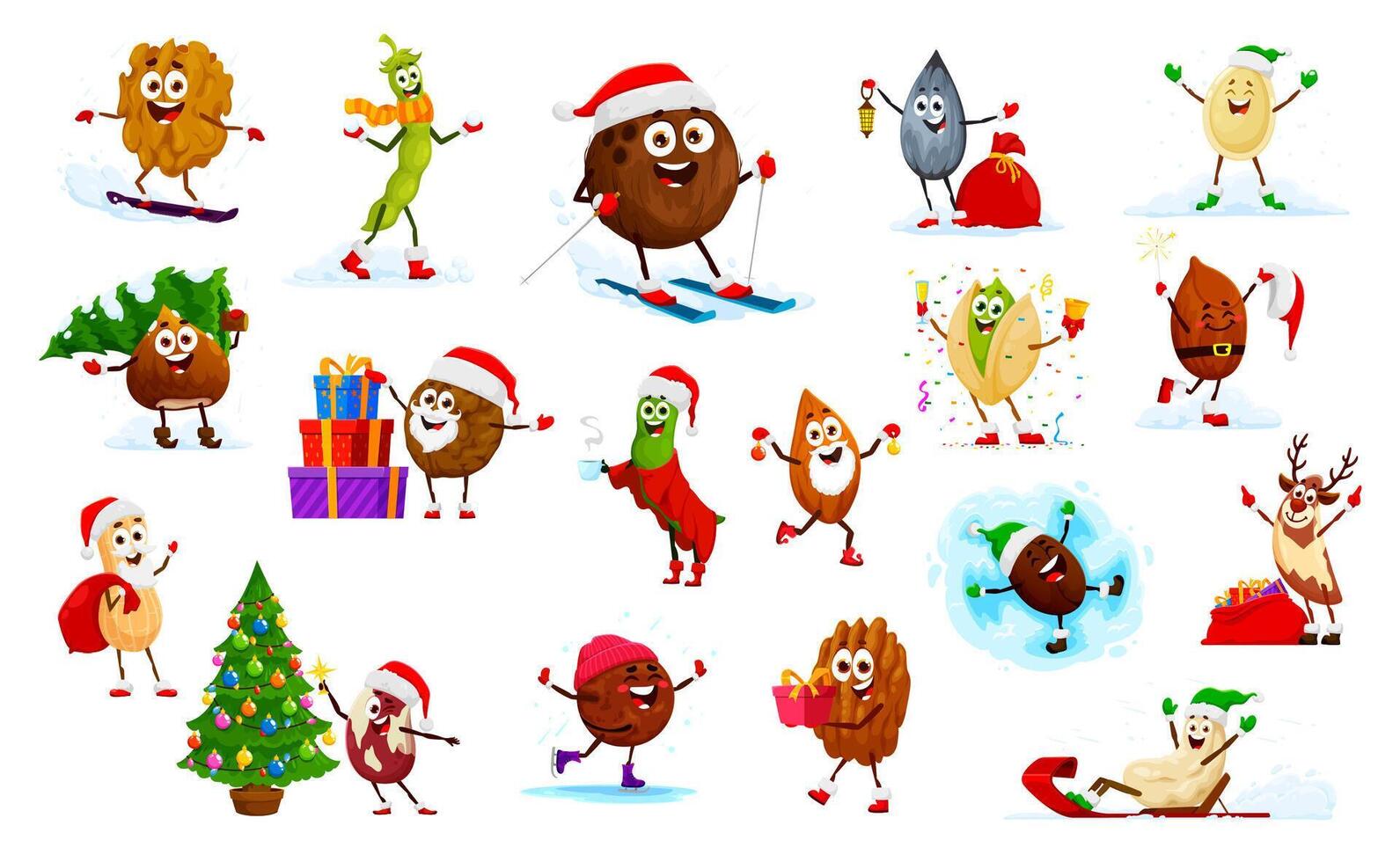 Cartoon Christmas nut, seed and bean characters vector