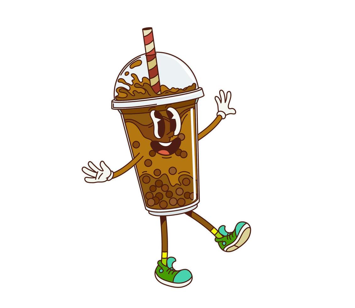 Groovy retro cartoon bubble tea drink character vector