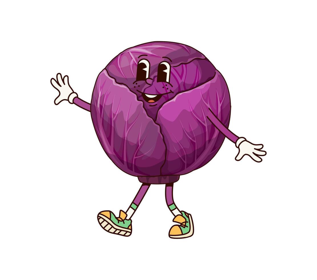 Groovy red cabbage vegetable happy retro character vector