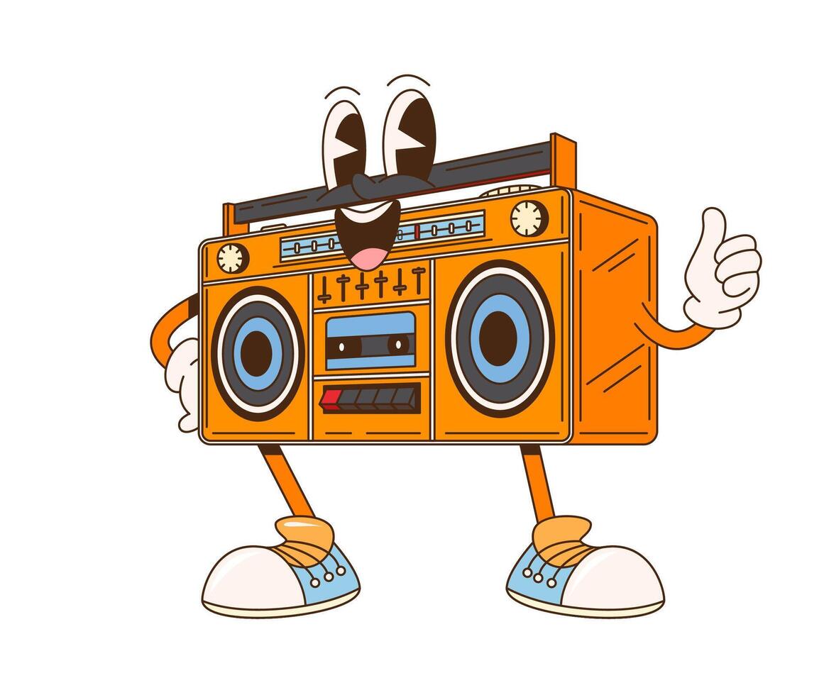 Cartoon retro groovy tape recorder funky character vector